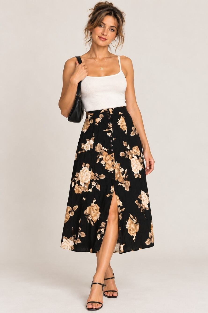Vintage 90s Floral Midi Skirt Black Tan Roses Button Front Slit Cottagecore Sz 9